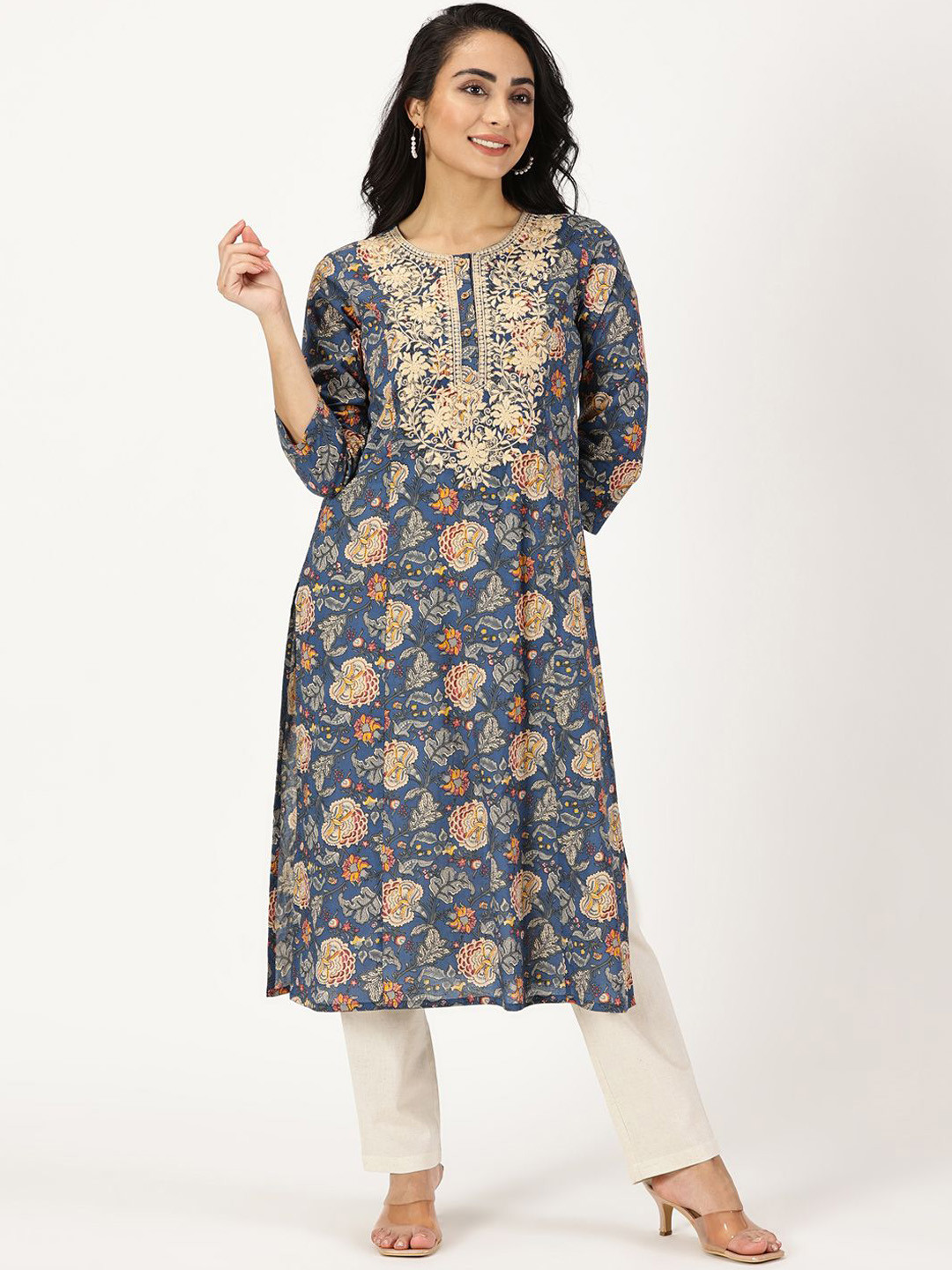 Women's Olive Floral Embroidered Flared Sleeves Anarkali Kurta