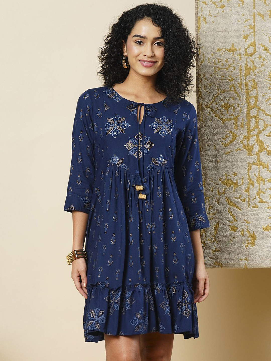 Girls Ethnic Motifs Printed Tie-Up Neck Cotton Midi Dress