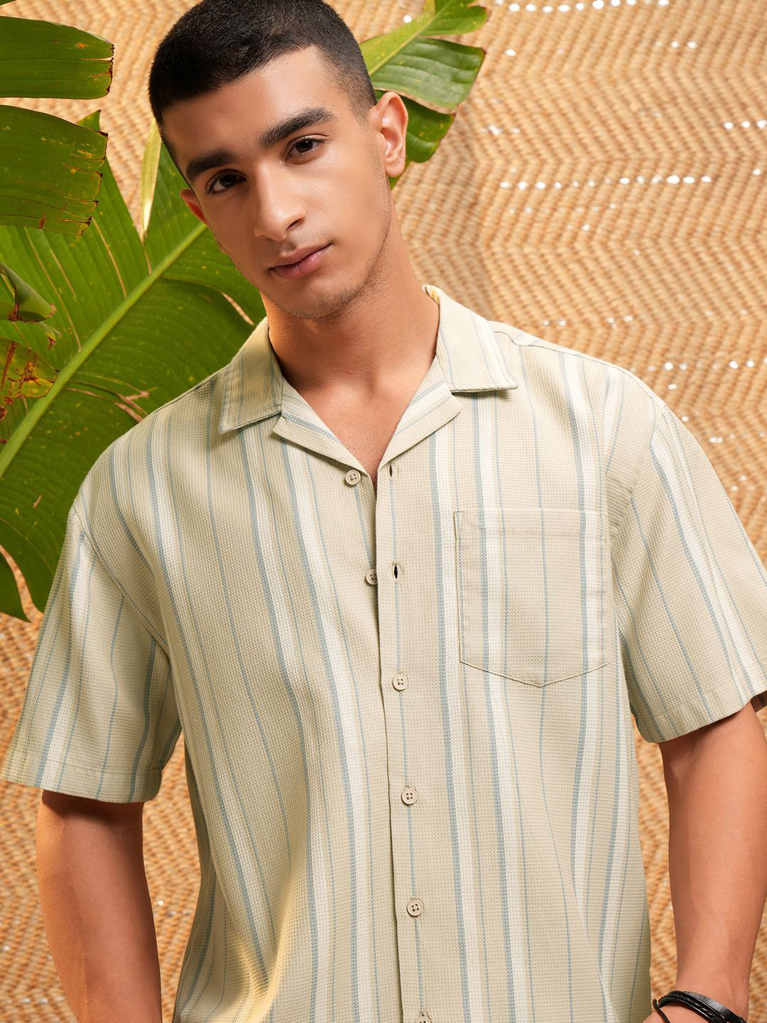 Men's Cream Striped Cuban Collar Co-Ords Set