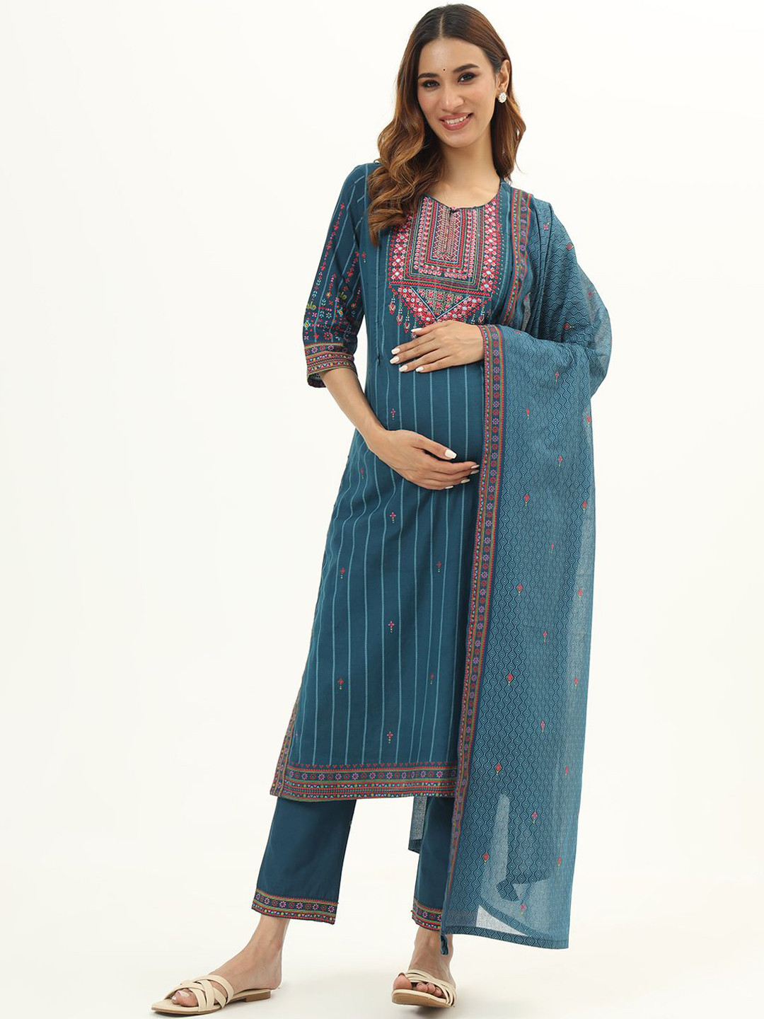 Babyhug Woven Short Sleeves Sequinned Floral Embroidered Kurti Gharara & Dupatta Set - Teal