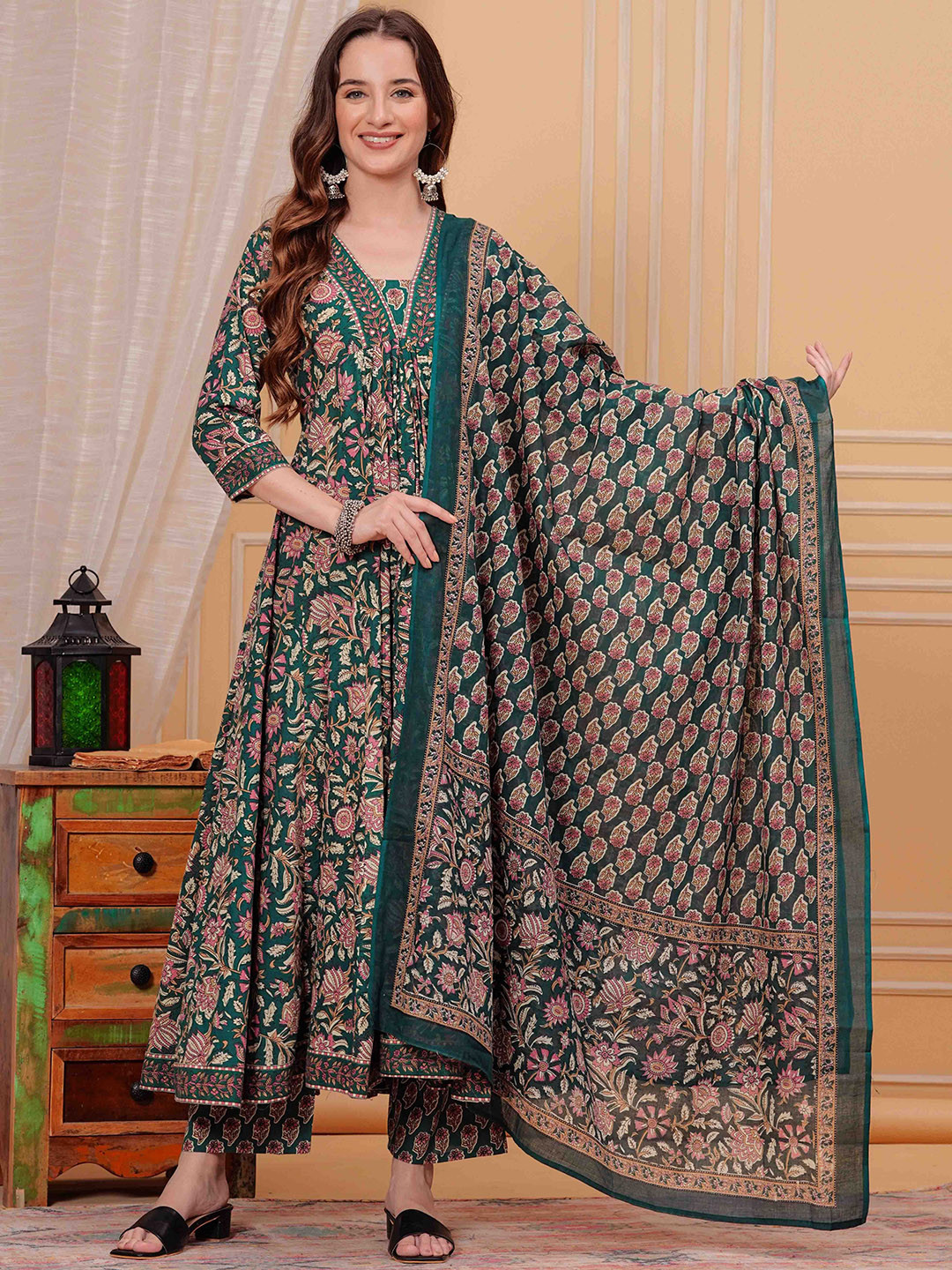 Amyra Dastur Magenta Notch Neck Floral Regular Pure Silk Anarkali Kurta with Trousers & Dupatta main image 0