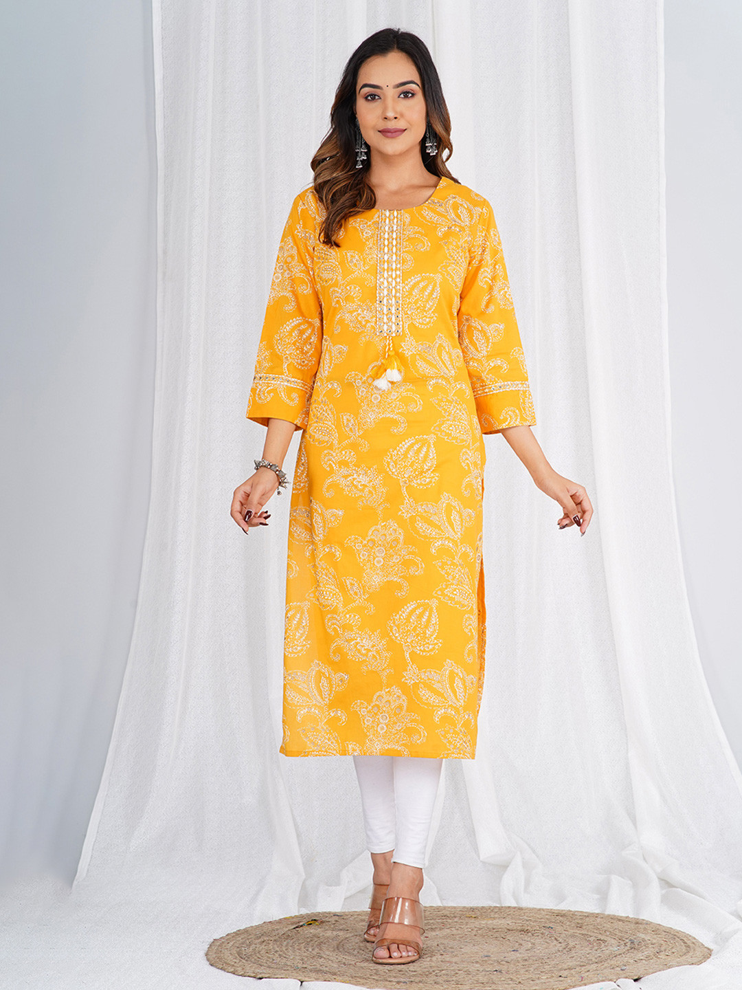 Round Gotta Buy KALINI Ethnic Motifs Printed Round Neck Gotta Patti Cotton Straight ...