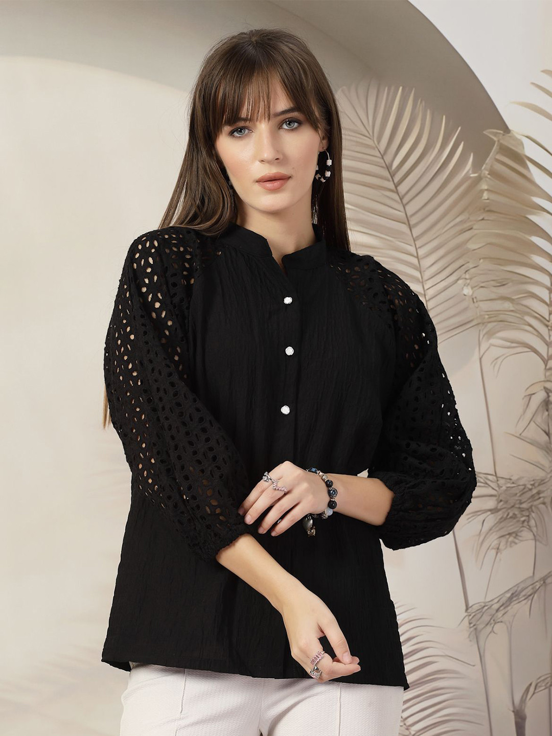Women Opaque Printed Casual Buttoned Top