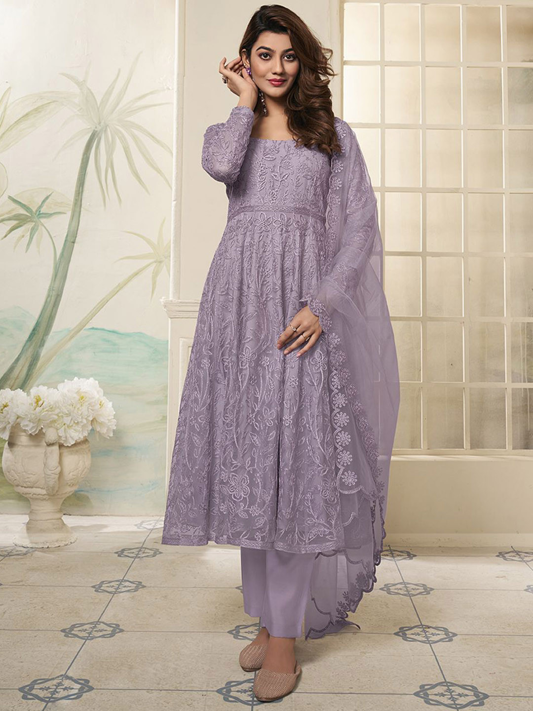Grey Embroidered Net Anarkali Kurta With Trousers & Dupatta