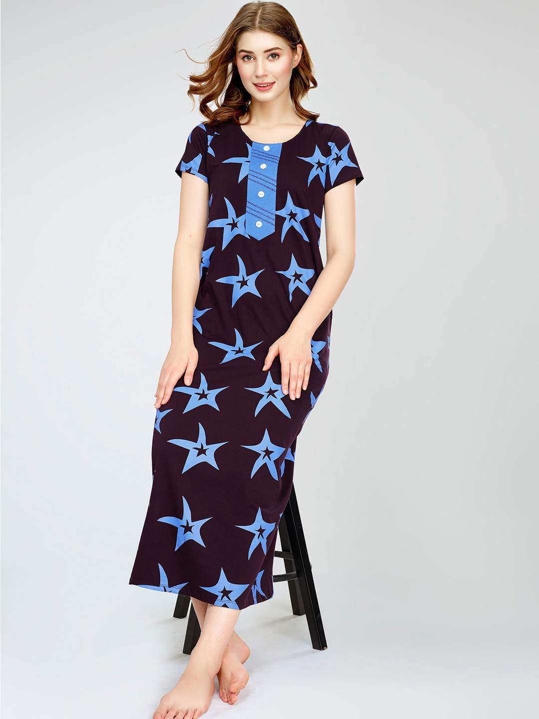 Zeyo Women's Cotton Leaf Print Long Nighty - 100% Pure Cotton Sleepwear (Style 5626)