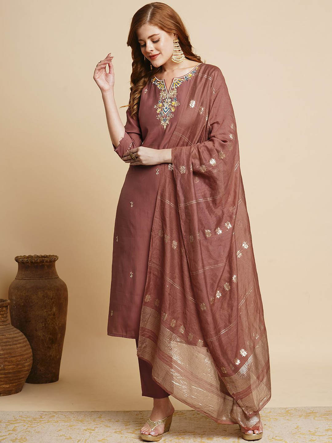 Buy Fashor Floral Embroidered Regular Beads And Stones Straight Kurta