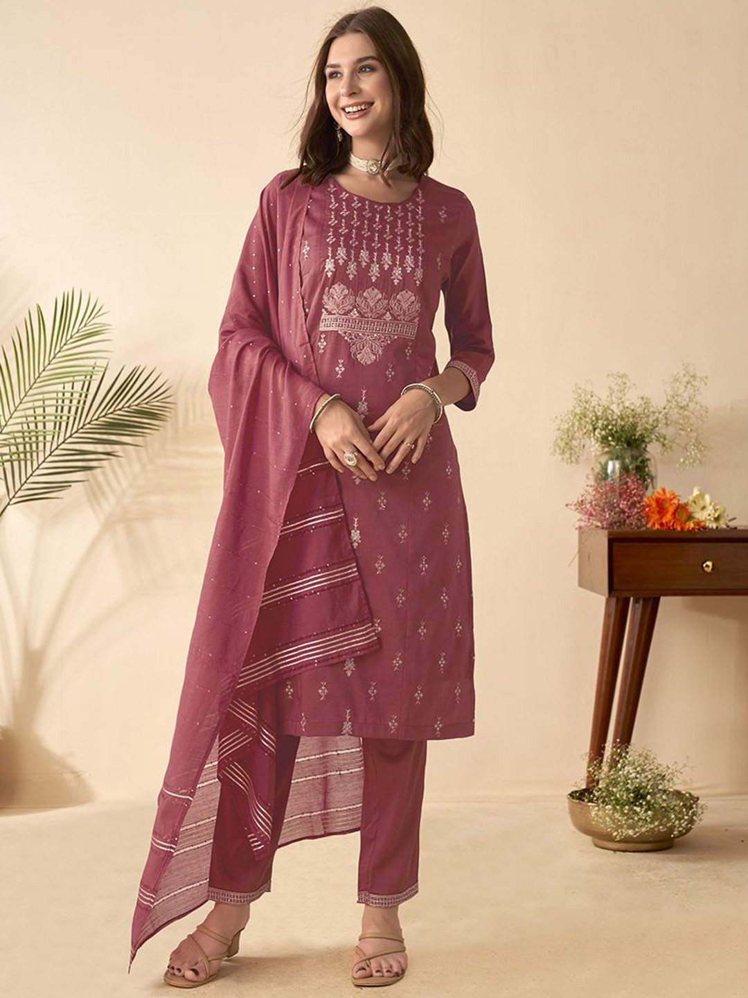 Women Maroon Embroidered Naira Cut Kurta With Trouser And Net Dupatta