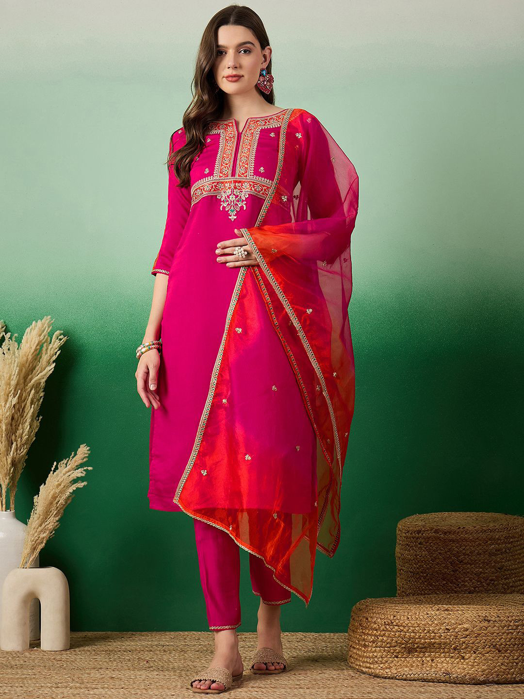 Women Burgundy Solid Straight Kurta Trousers With Dupatta Set
