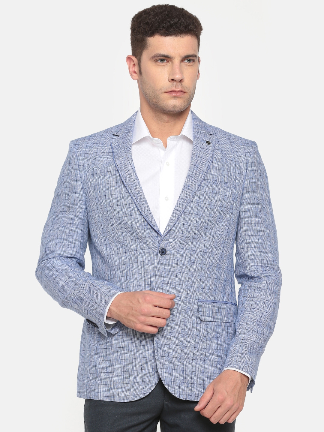 Buy Van Heusen Blue Checked Single Breasted Slim Fit Linen Formal ...