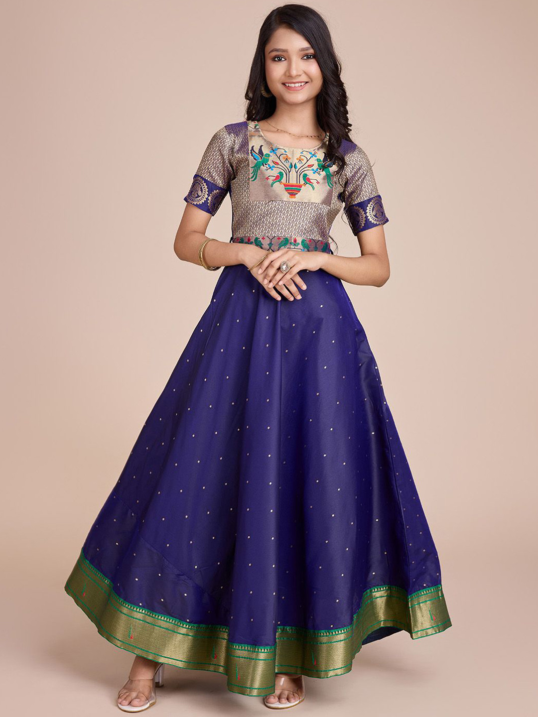 Girls Bead Embellished Woven Zari Border Ethnic Dress