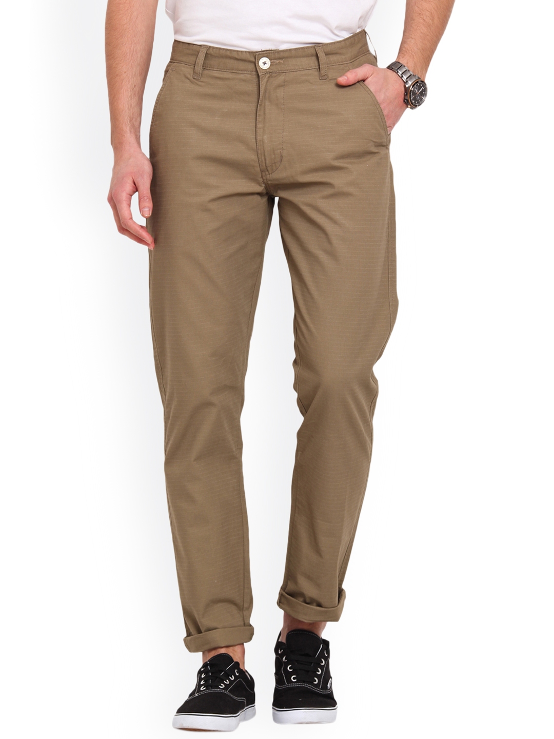 Buy Ennoble Men Khaki Tailored Slim Fit Solid Chinos - Trousers for Men ...