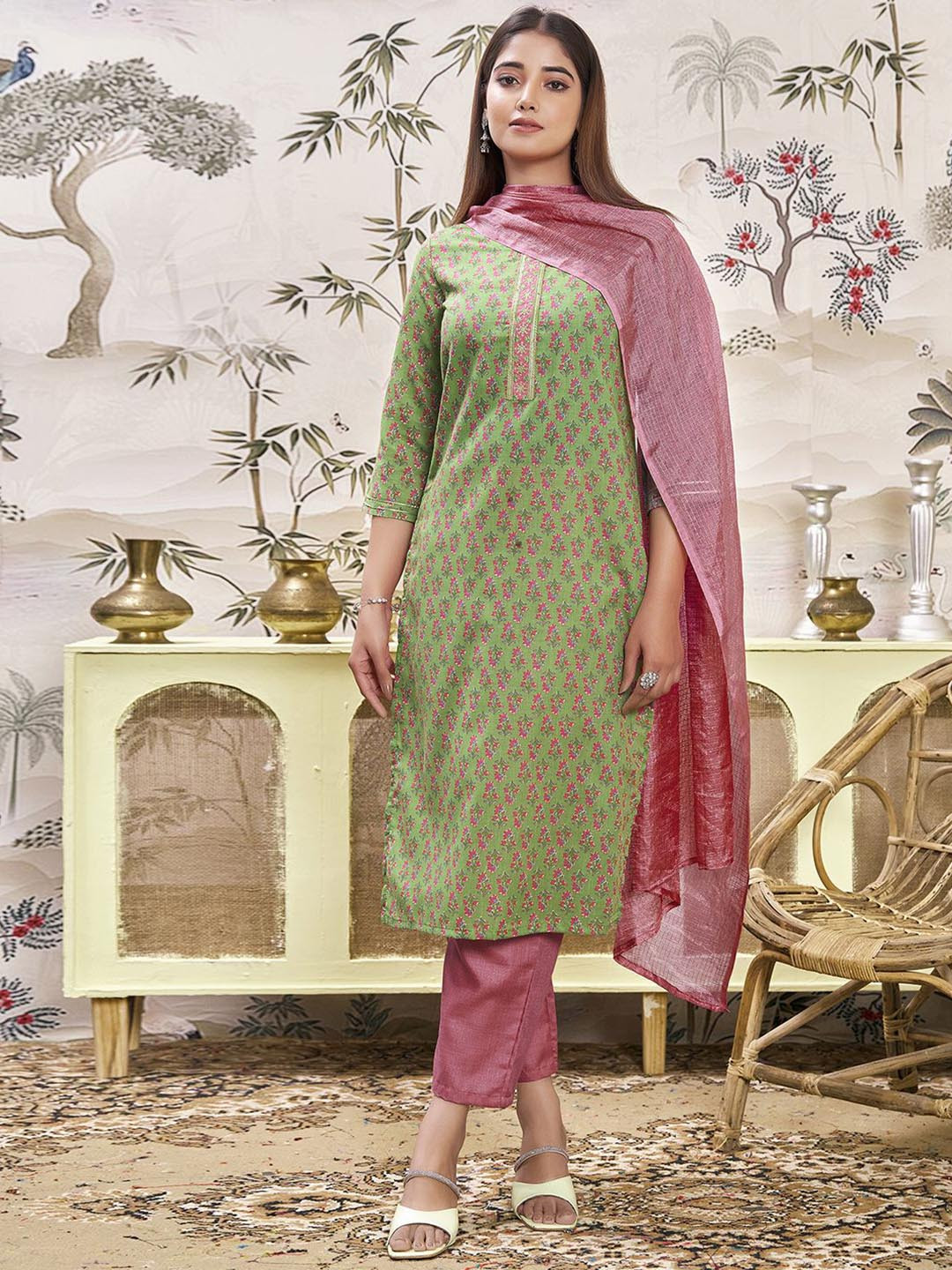 Women Green Blue Embroidered Straight Kurta Trouser With Dupatta Set
