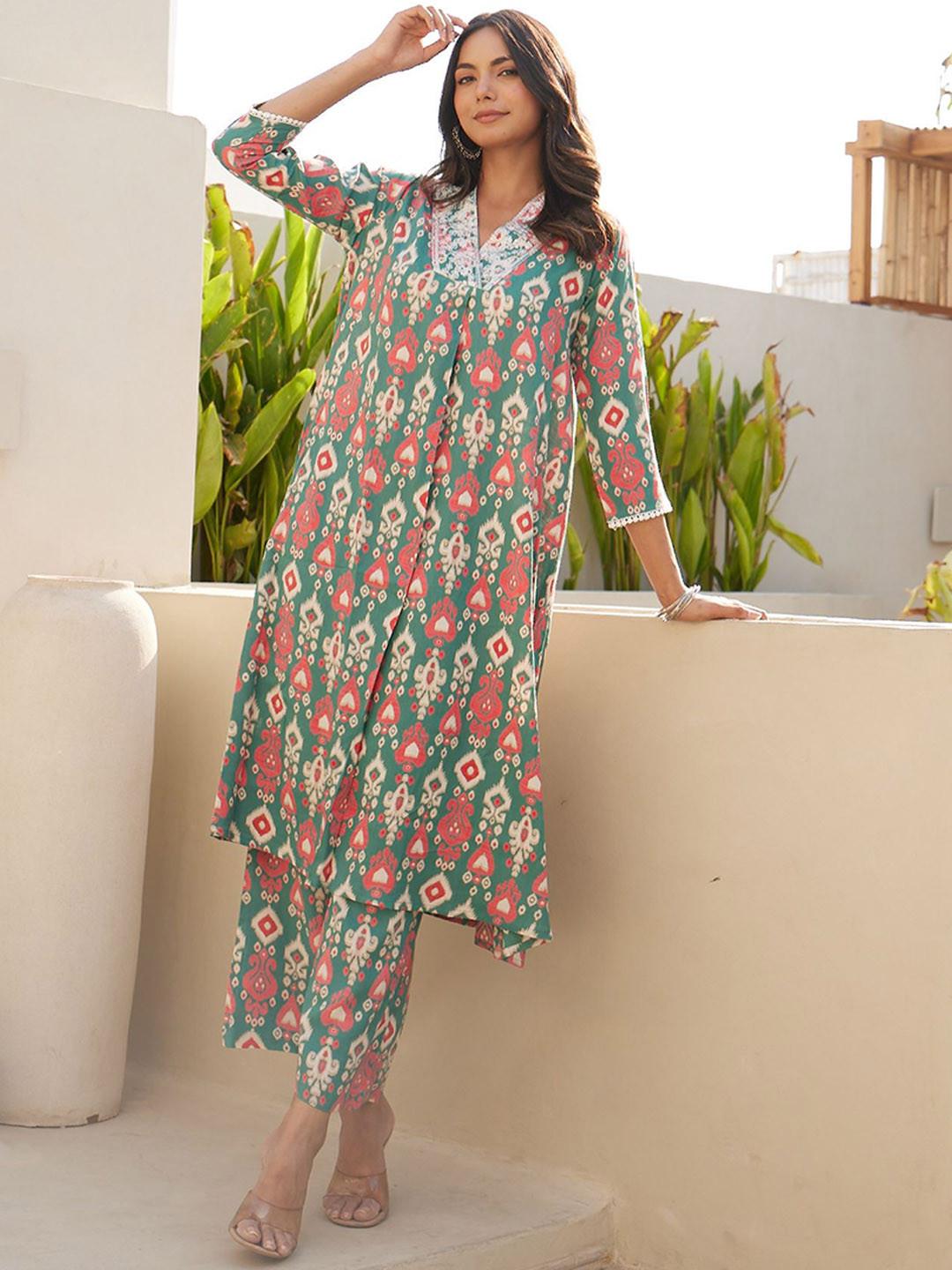 Buy HERE&NOW Green Ethnic Motifs Printed Thread Work Anarkali Kurta ...