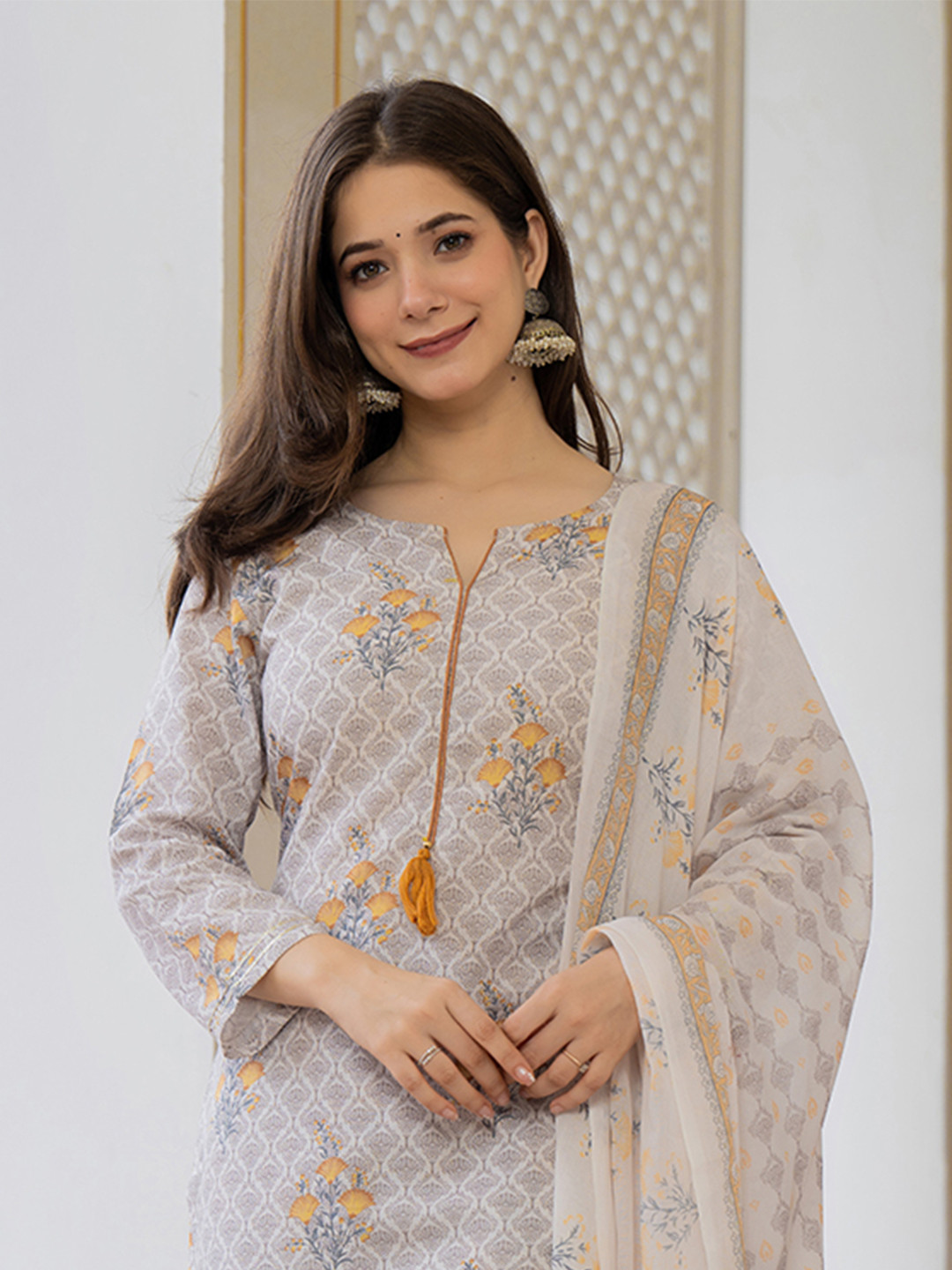 Floral Printed Mirror Work Anarkali Kurta With Trousers & Dupatta