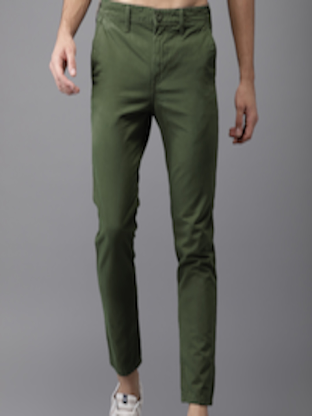 Buy HERE&NOW Men Olive Green Slim Fit Solid Cropped Chinos - Trousers ...