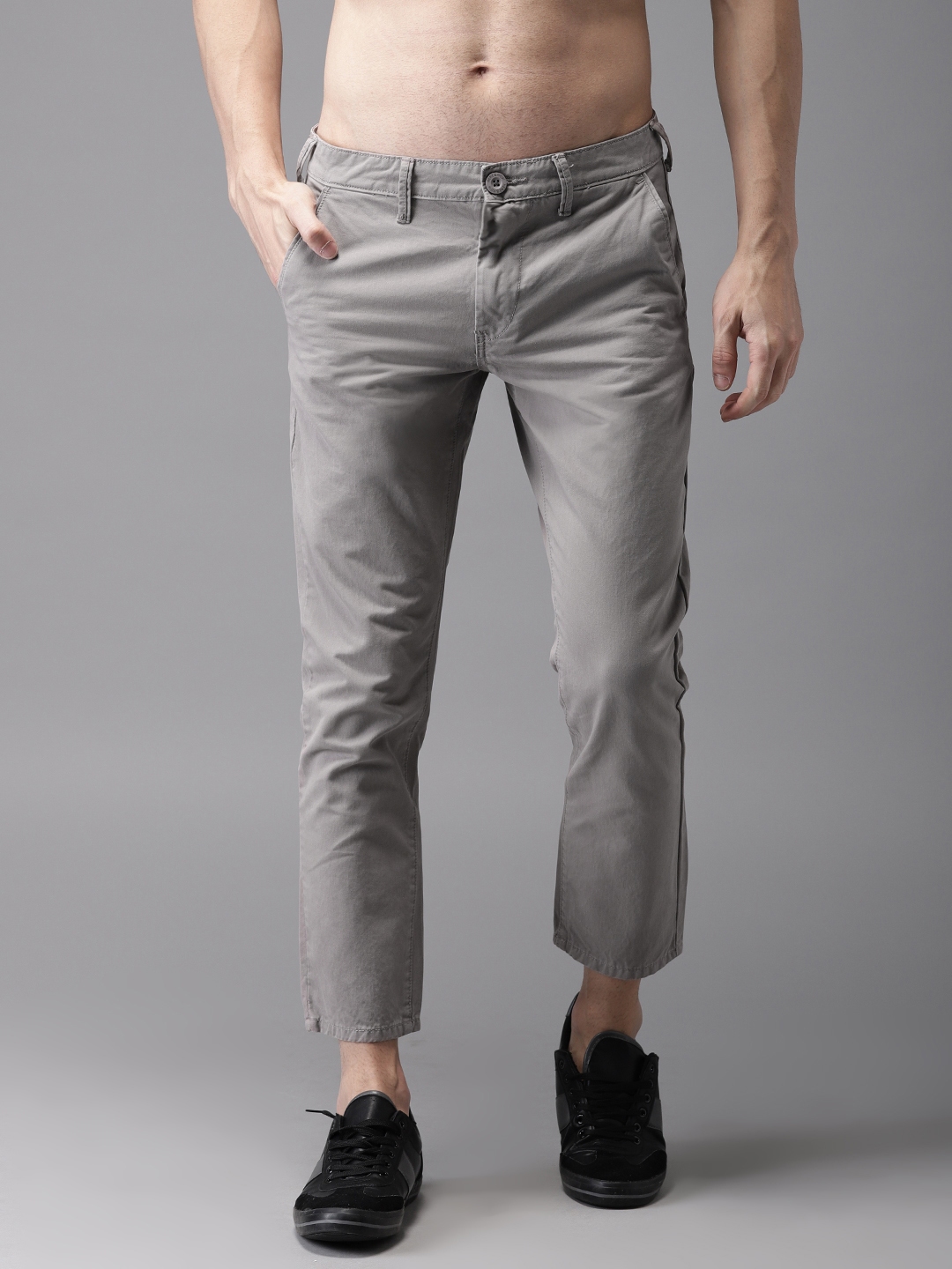 Buy HERE&NOW Men Grey Cropped Slim Fit Solid Chinos - Trousers for Men ...