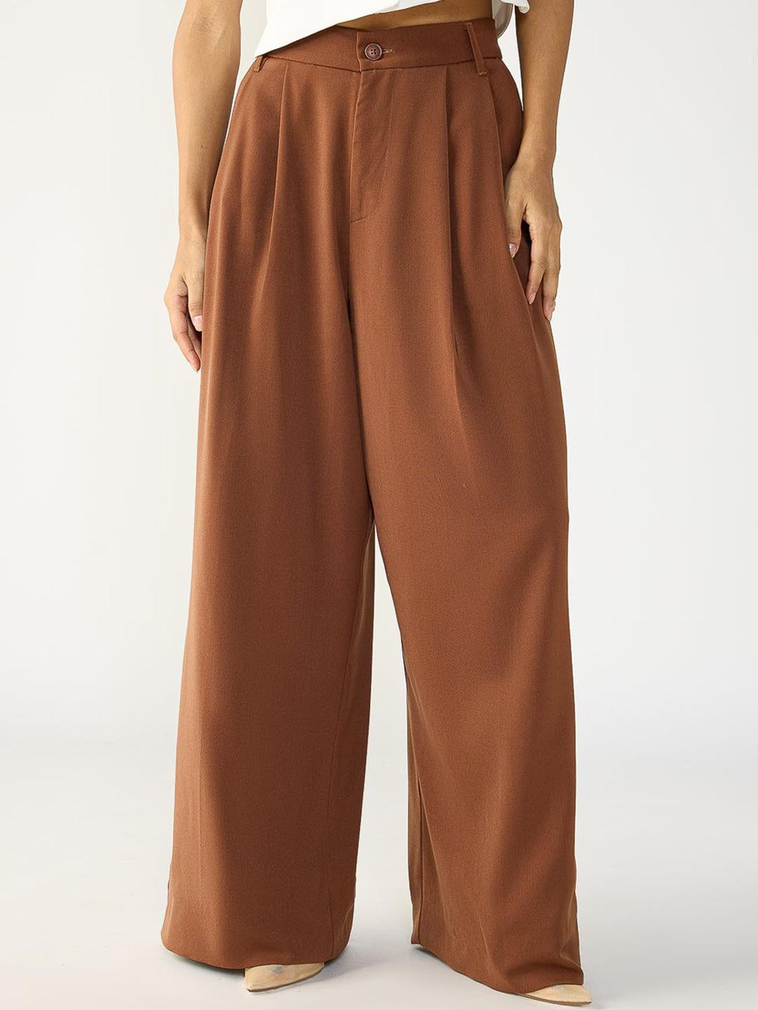 Women Plus Size High Rise Korean Formal Pants- Brown