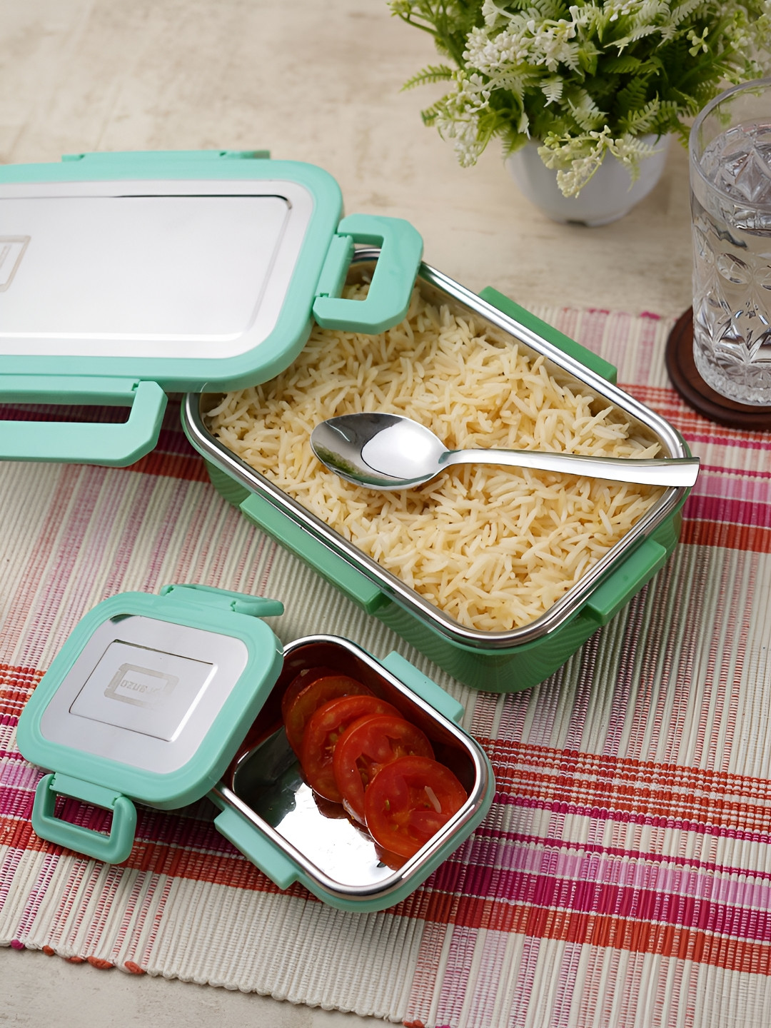 Buy Aura Green 3 Pieces Stainless Steel Lunch Box With Spoon - Lunch ...