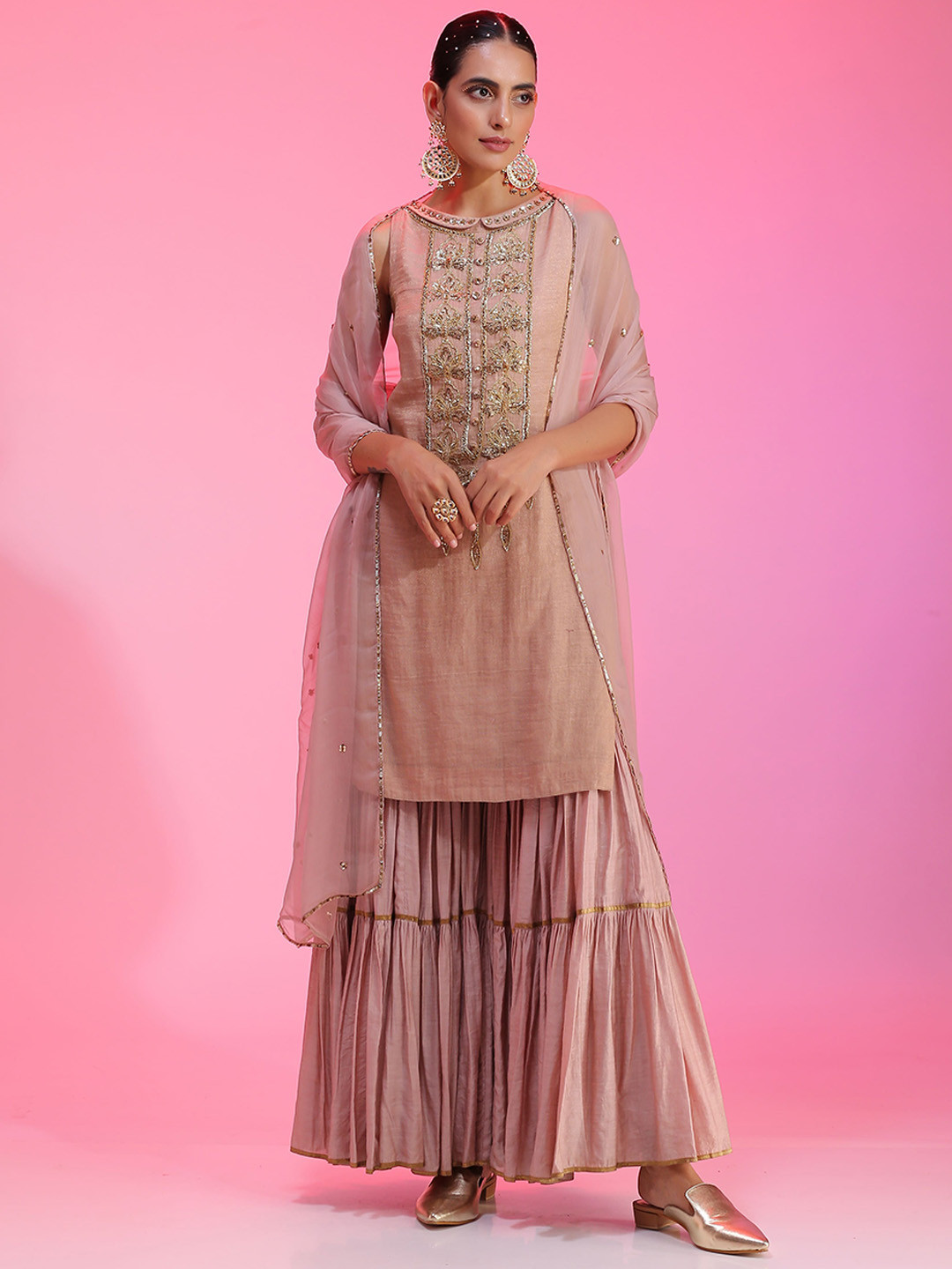 Women Floral Embroidered Kurta with Sharara & Dupatta