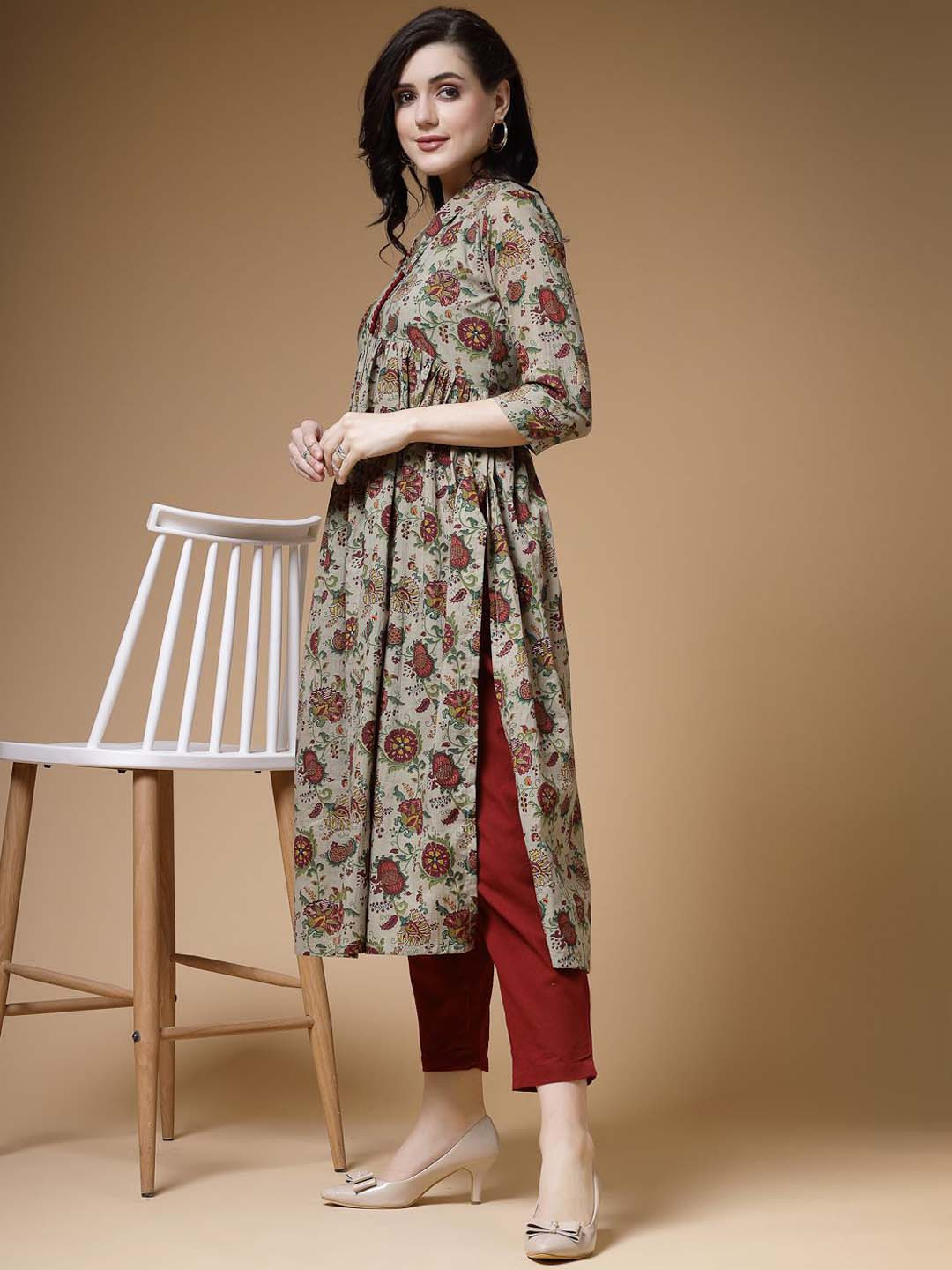 Indibelle Solid Cotton Slub Lace Work A-Line Kurta (Blue)