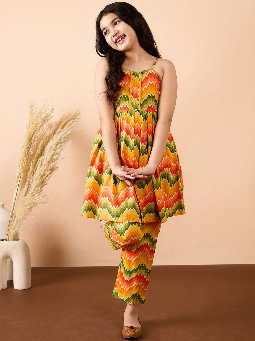 Girls Beige Embroidered Frock Style Kurti with Printed Trouser Set – Elegant Casual Wear main image 1