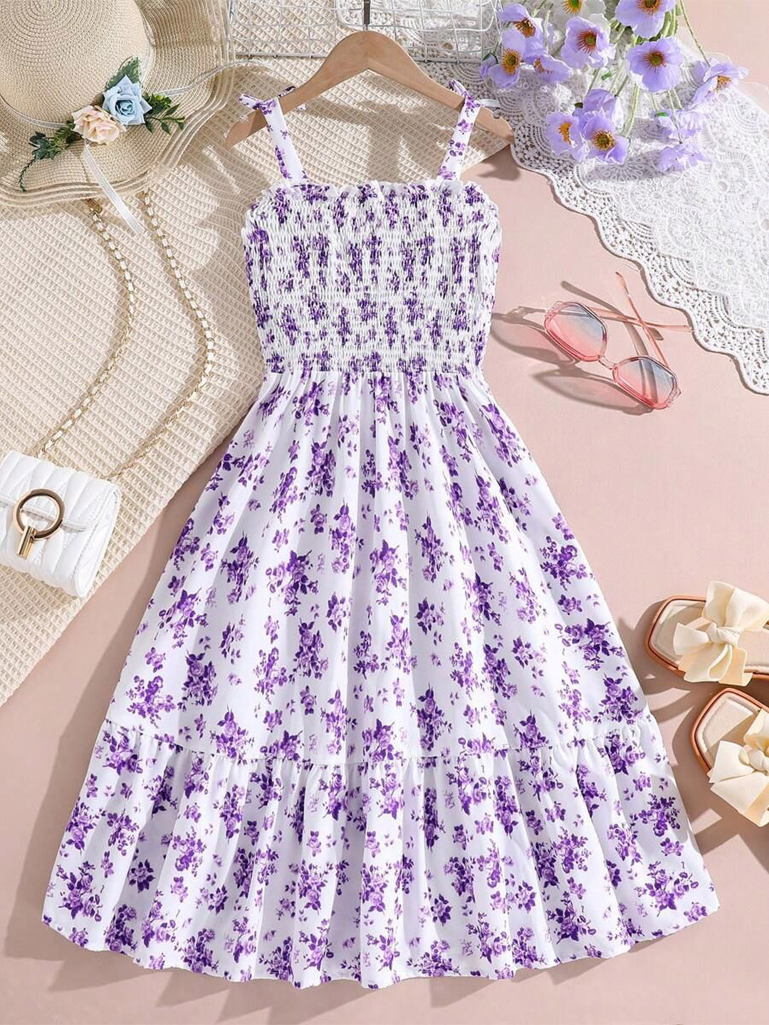 Girls Floral Printed Fit And Flare Tiered Cotton Maxi Dress