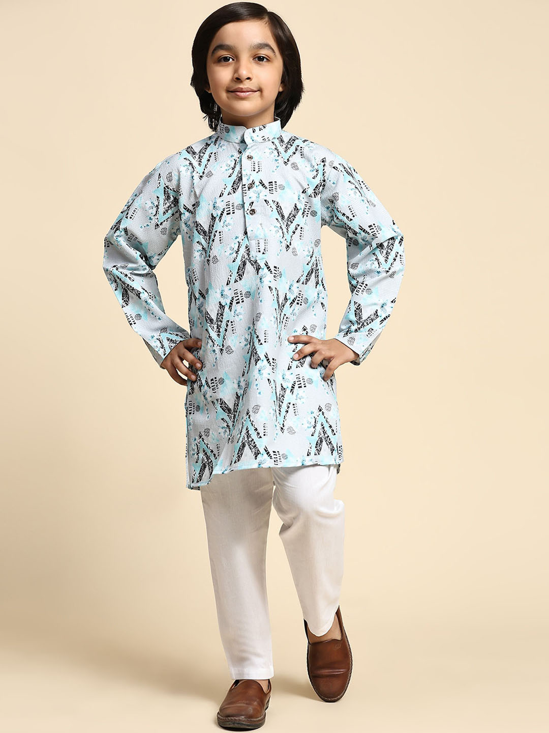 Boys Pure Cotton Ikat Print Short Kurta Shirt