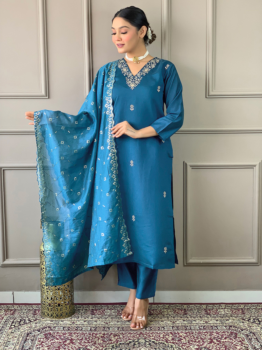 Cream Material Chudidar Set Floral Patch Embroidered With Mirror Work Top Plain Bottom And Floral Printed Dupatta main image 1