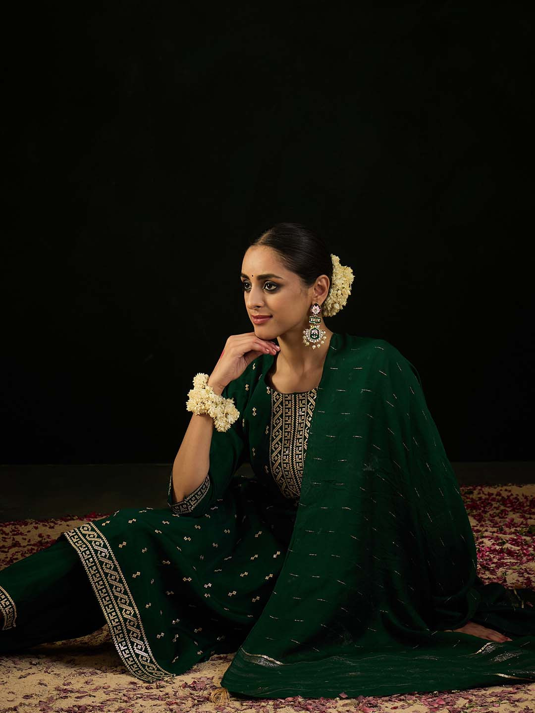 Indo Era Burgundy Ethnic Motifs Embroidered Sequinned Kurta with Trousers & With Dupatta