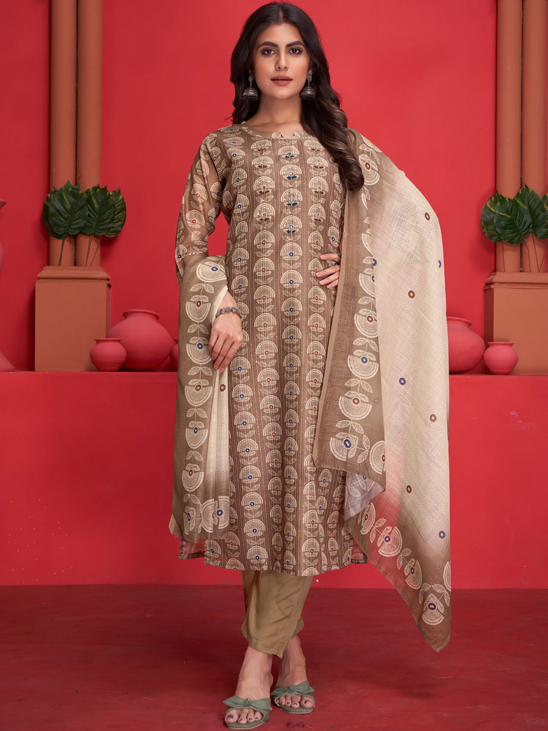 Ramas Woven Design Mirror Work Straight Round Neck Kurta & Palazzos With Dupatta