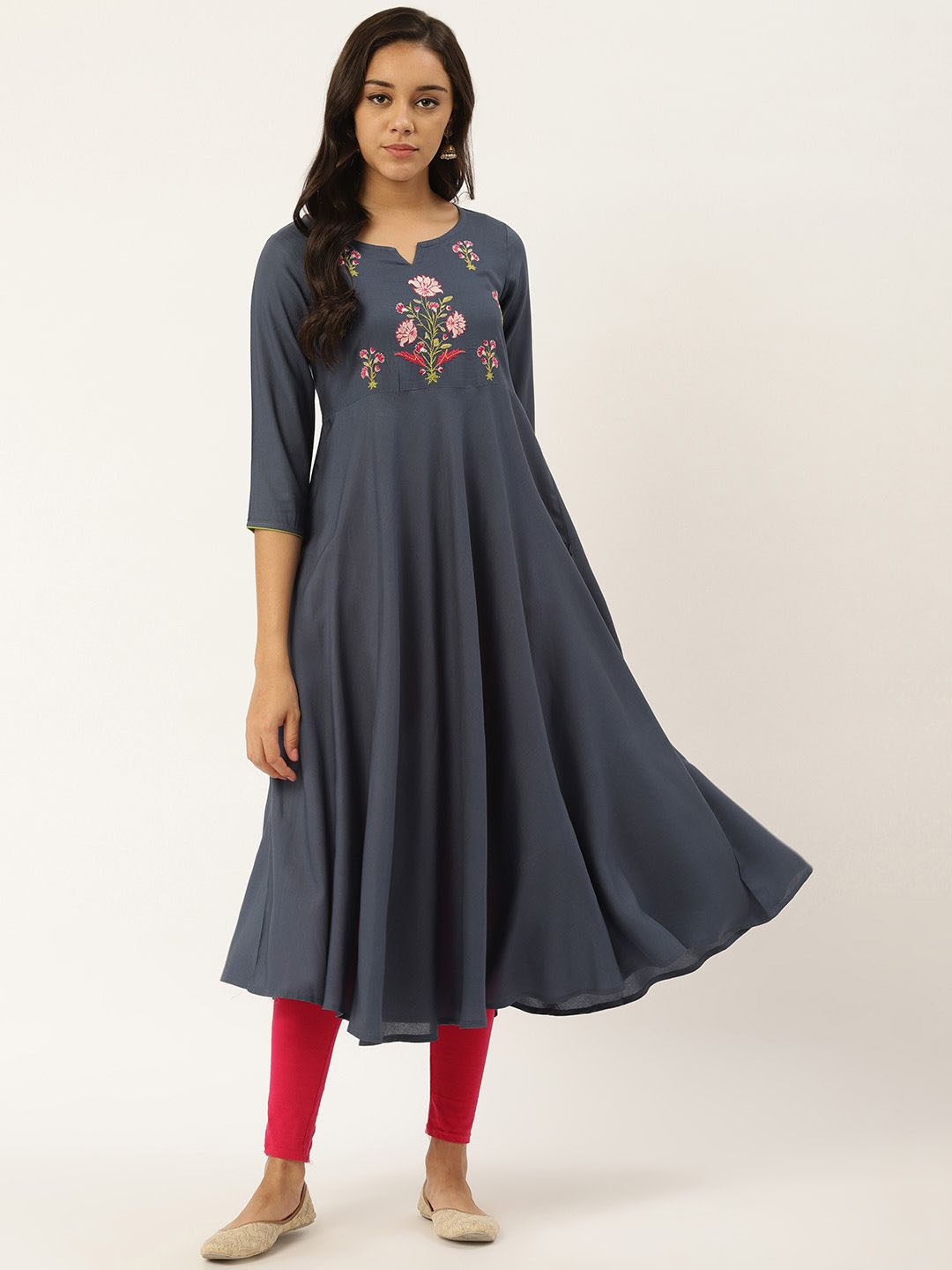 Buy Anouk Gray Floral Embroidered A Line Kurta - Kurtas for Women