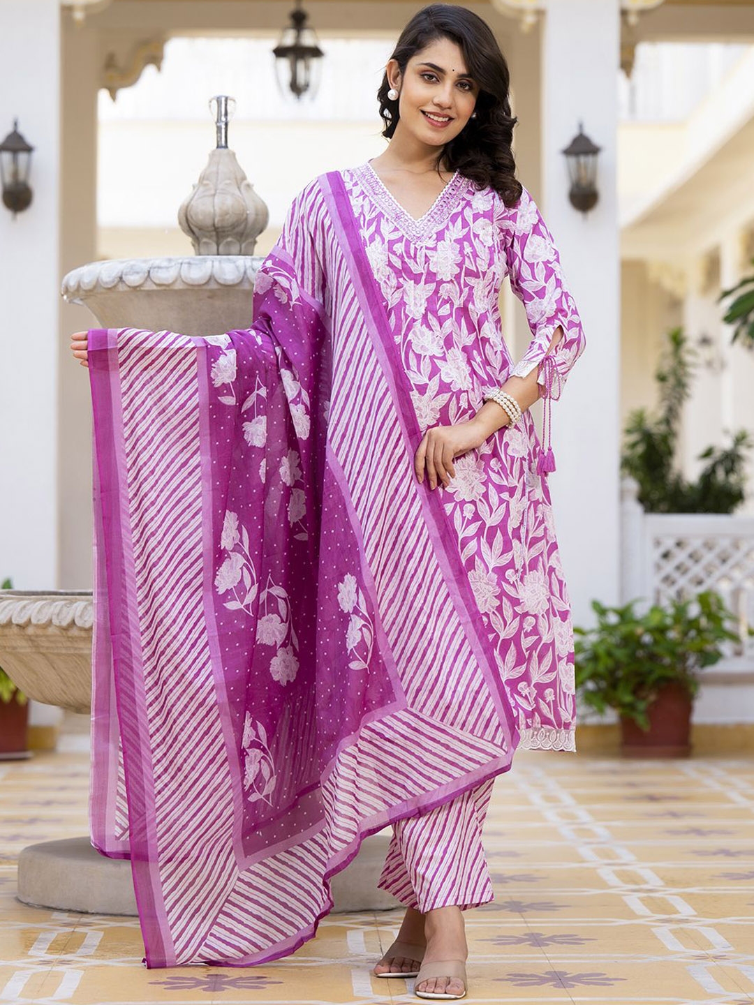 Buy Sangria Floral Printed Pure Cotton Straight Kurta With Trouser ...