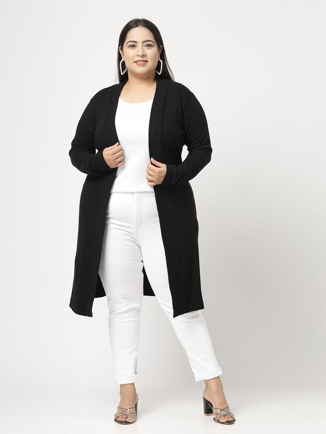 Women's Black Solid Cotton A-Line Kurta with Shrug