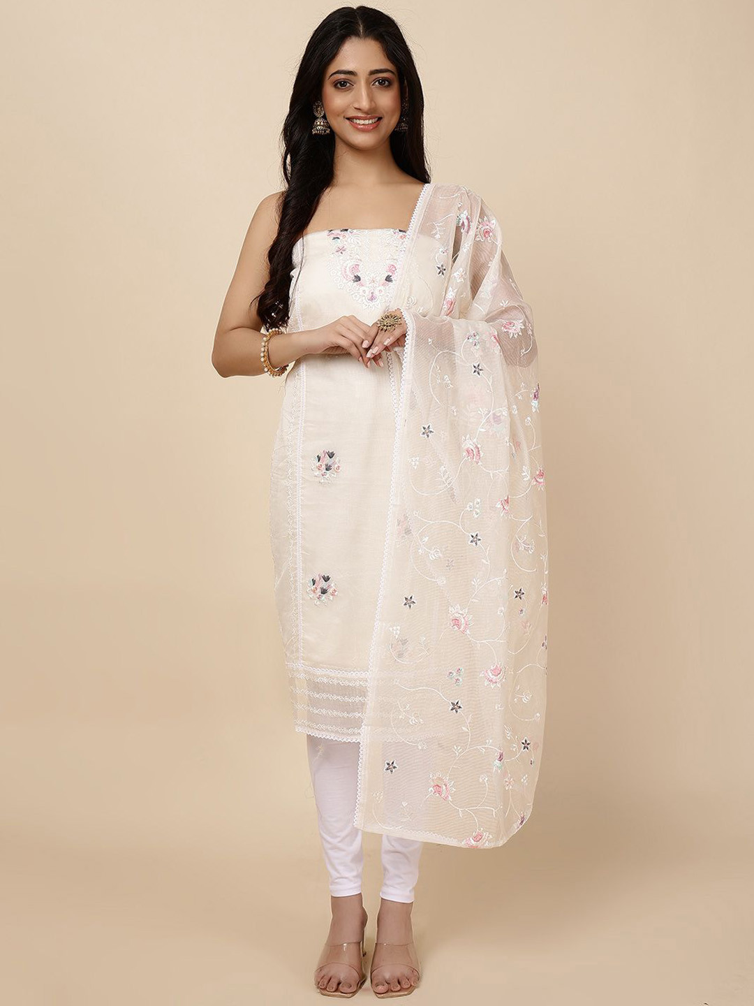 Beige - Hand Embroidered Muslin 3pc Unstitched Dress Material 23