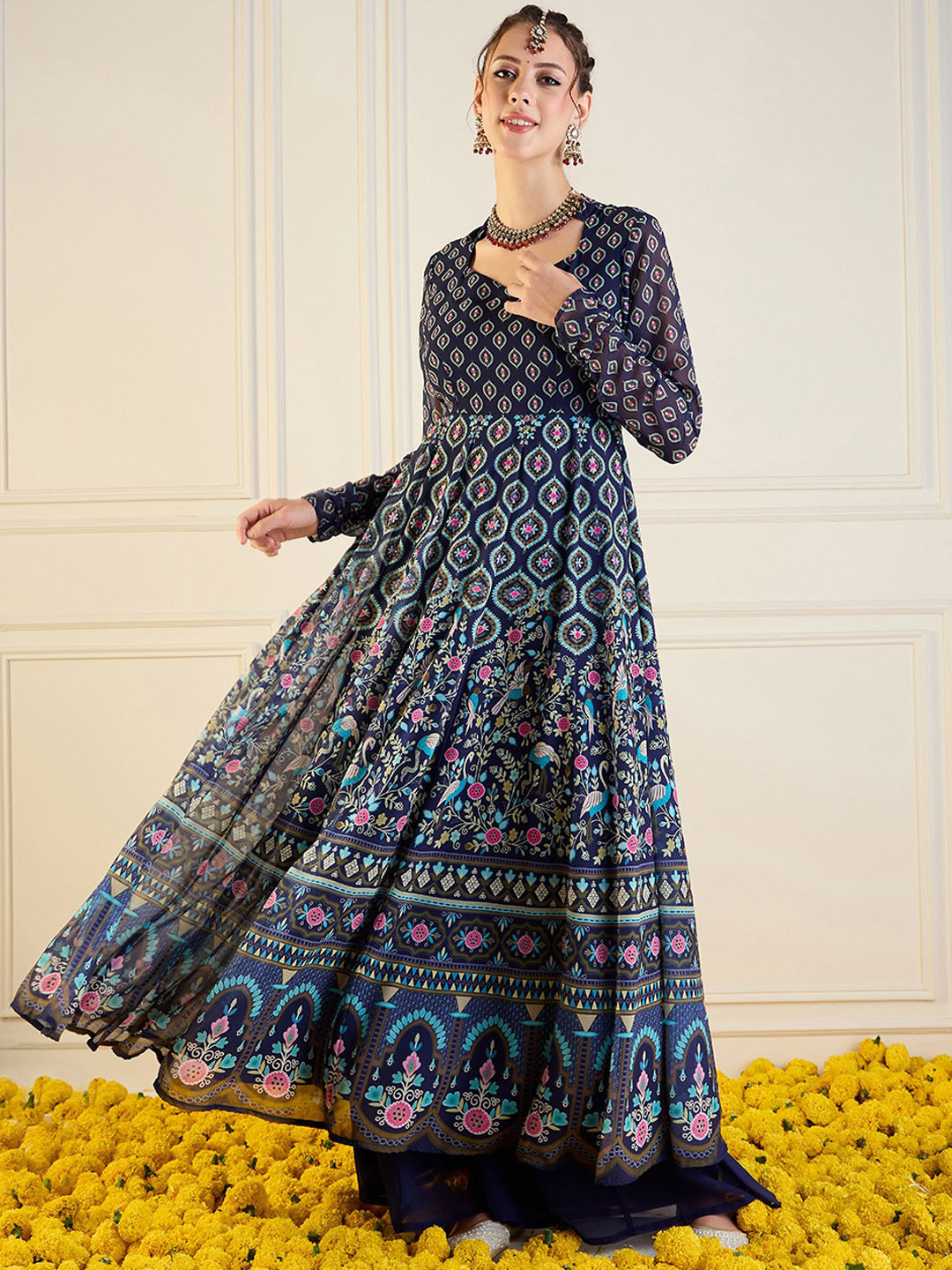 Women's Grey Lotus Floral Long Anarkali Kurta - SASSAFRAS