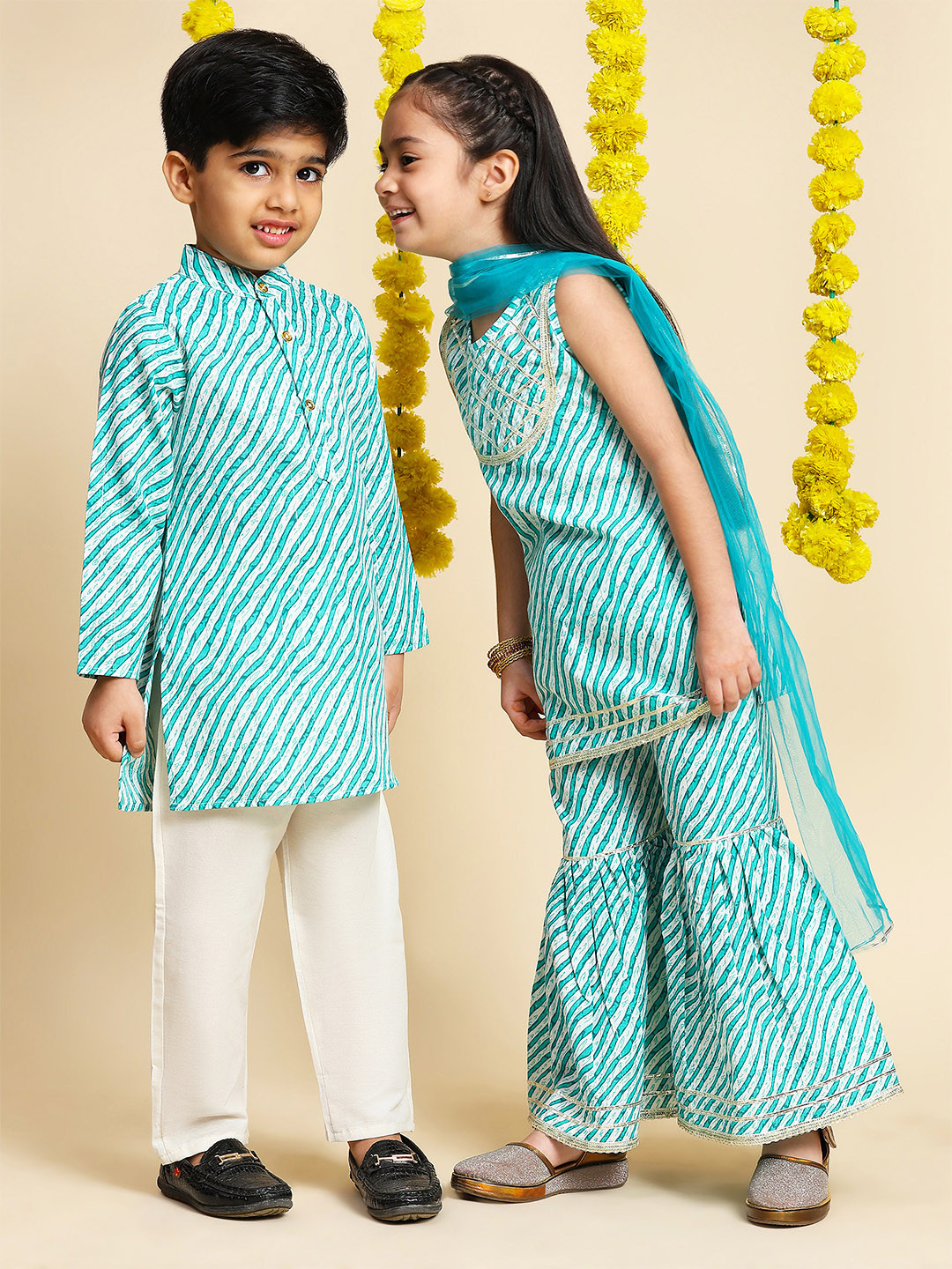 Girls Yellow Leheriya Pure Cotton Kurta With Palazzos With Dupatta