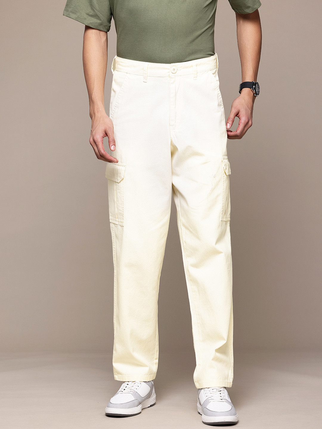 Men's Off White Relaxed Fit Cargo Trousers  with Elasticated Waist and Drawstring
