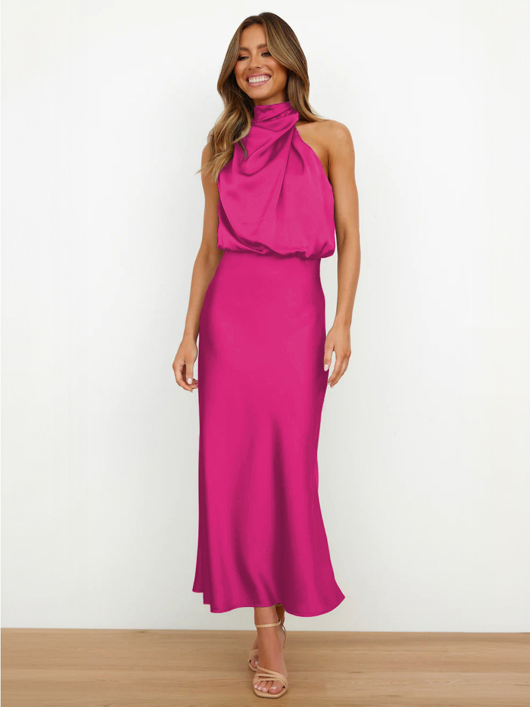 Flutter Sleeves A-Line Pleated V Neck Satin Dress Plum