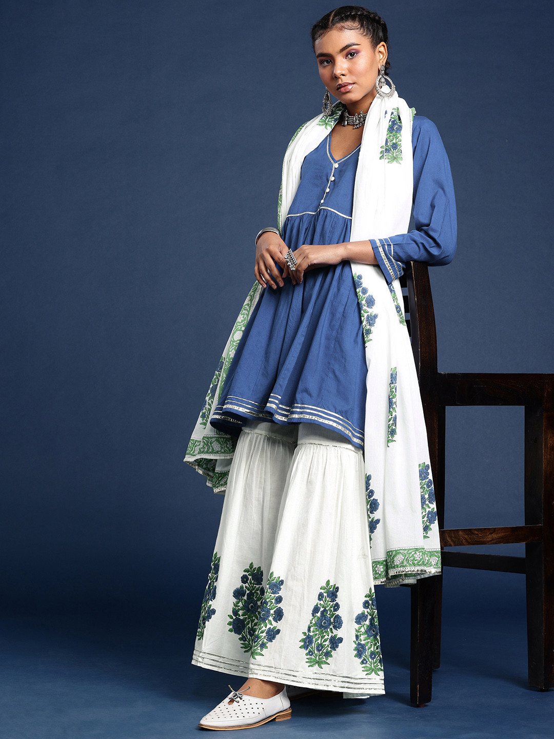 Women's Green Floral Embroidered Empire Gotta Patti Kurta Sets with Sharara
