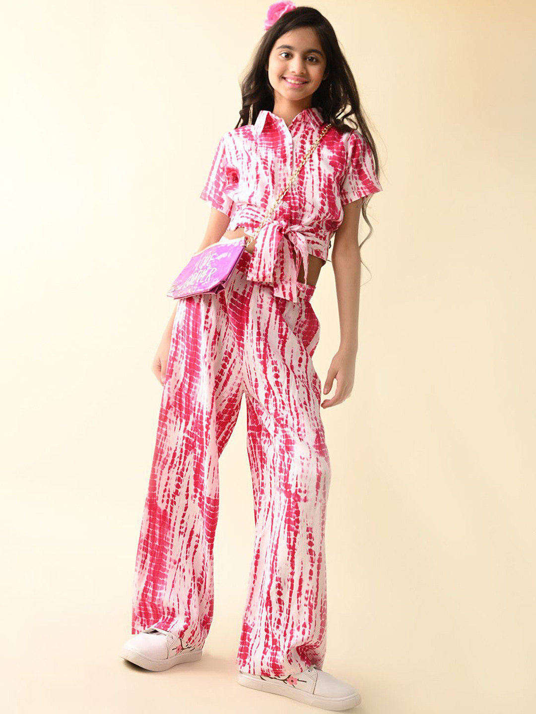 Girls Pink Printed Ethnic Shirt-Jacket & Palazzo Set