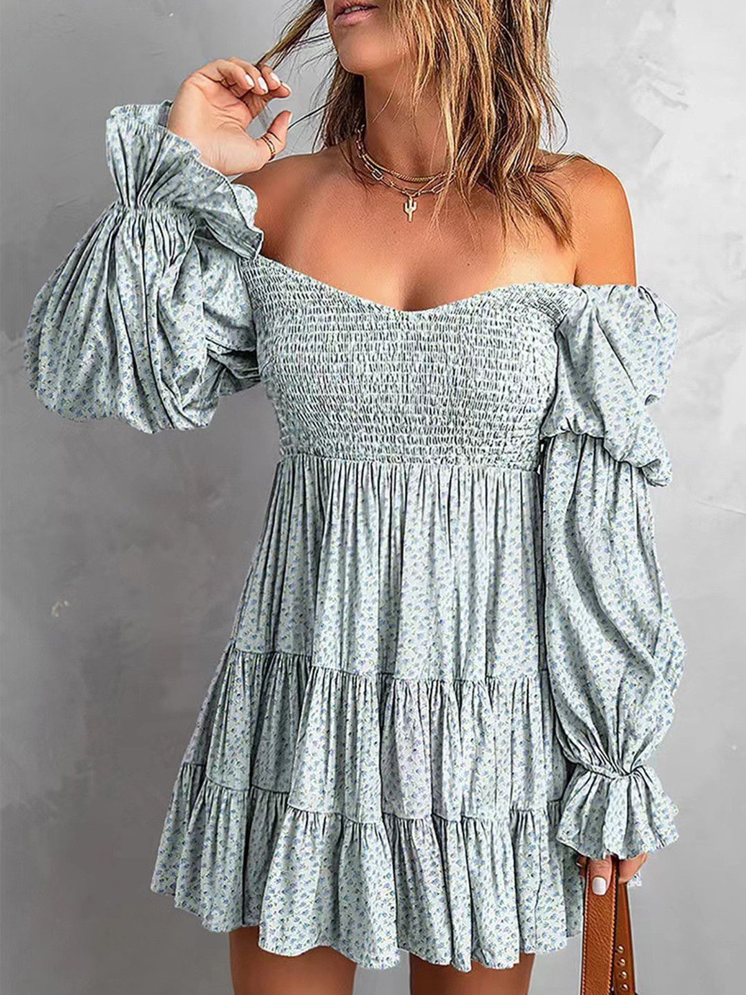 Women's Black Floral Printed Puff Sleeves A-Line Mini Dress