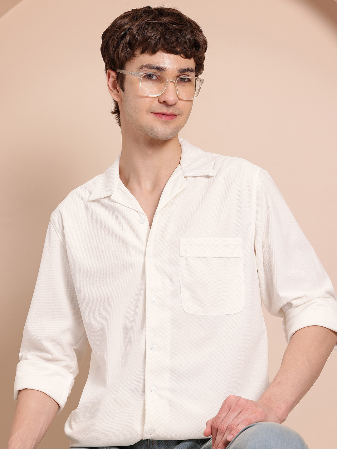 Men's White Geometric Cuban Collar Relaxed Fit Shirt