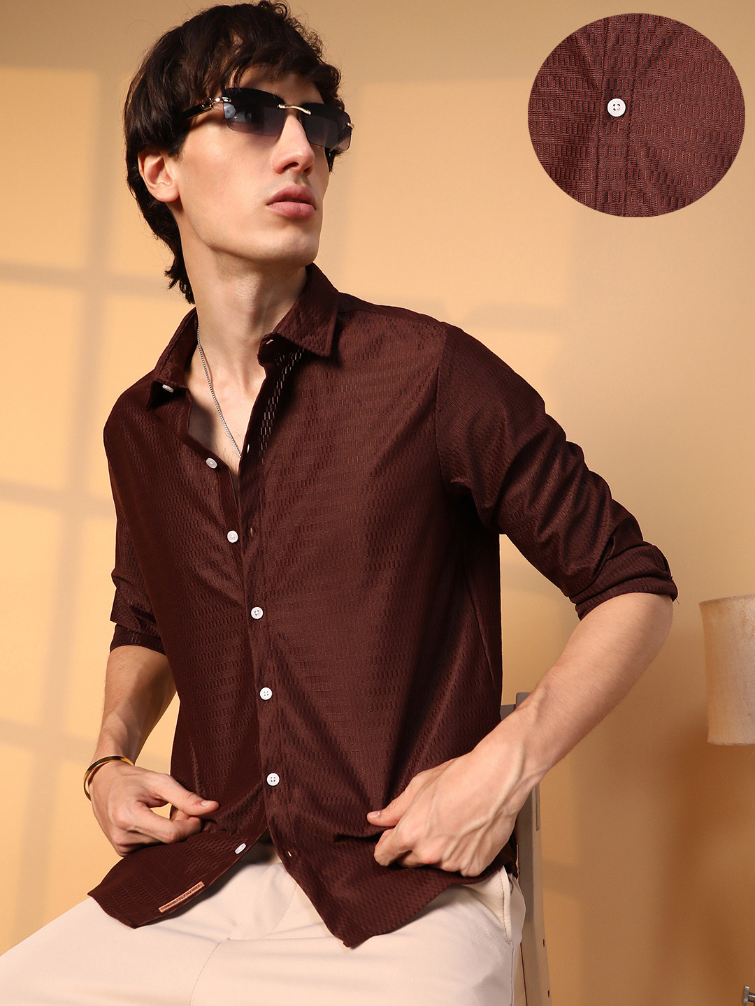 Men's Grey Standard Spread Collar Textured Cotton Casual Shirt