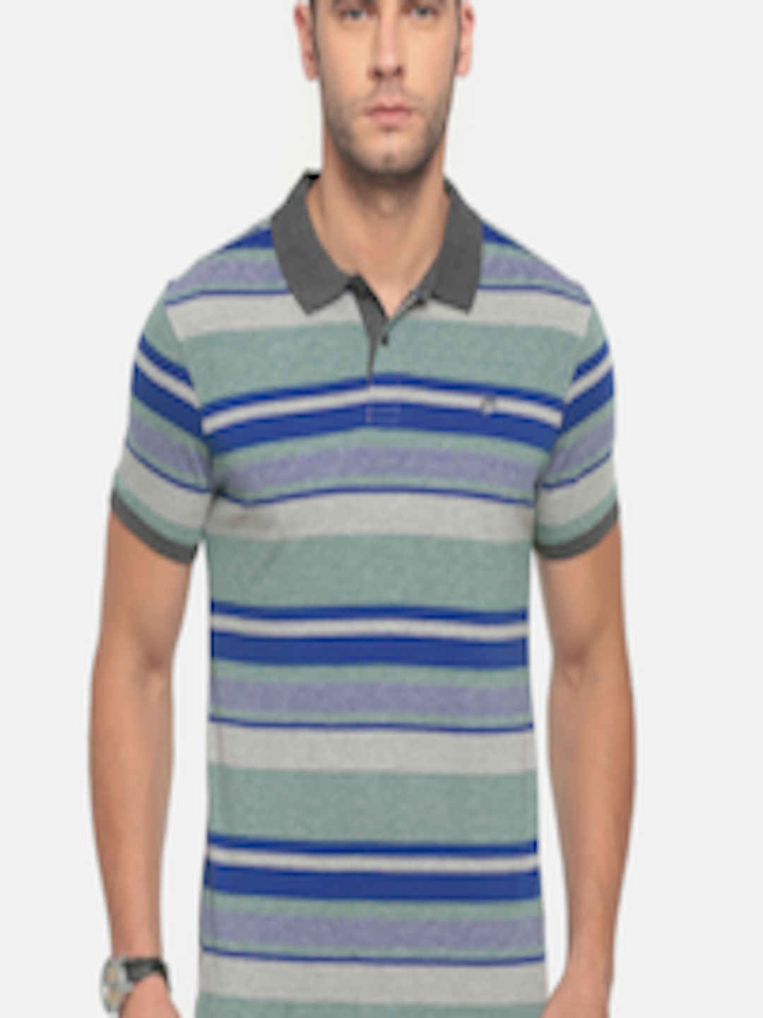 Buy Ruggers Men Grey & Blue Striped Polo Collar T Shirt - Tshirts for ...