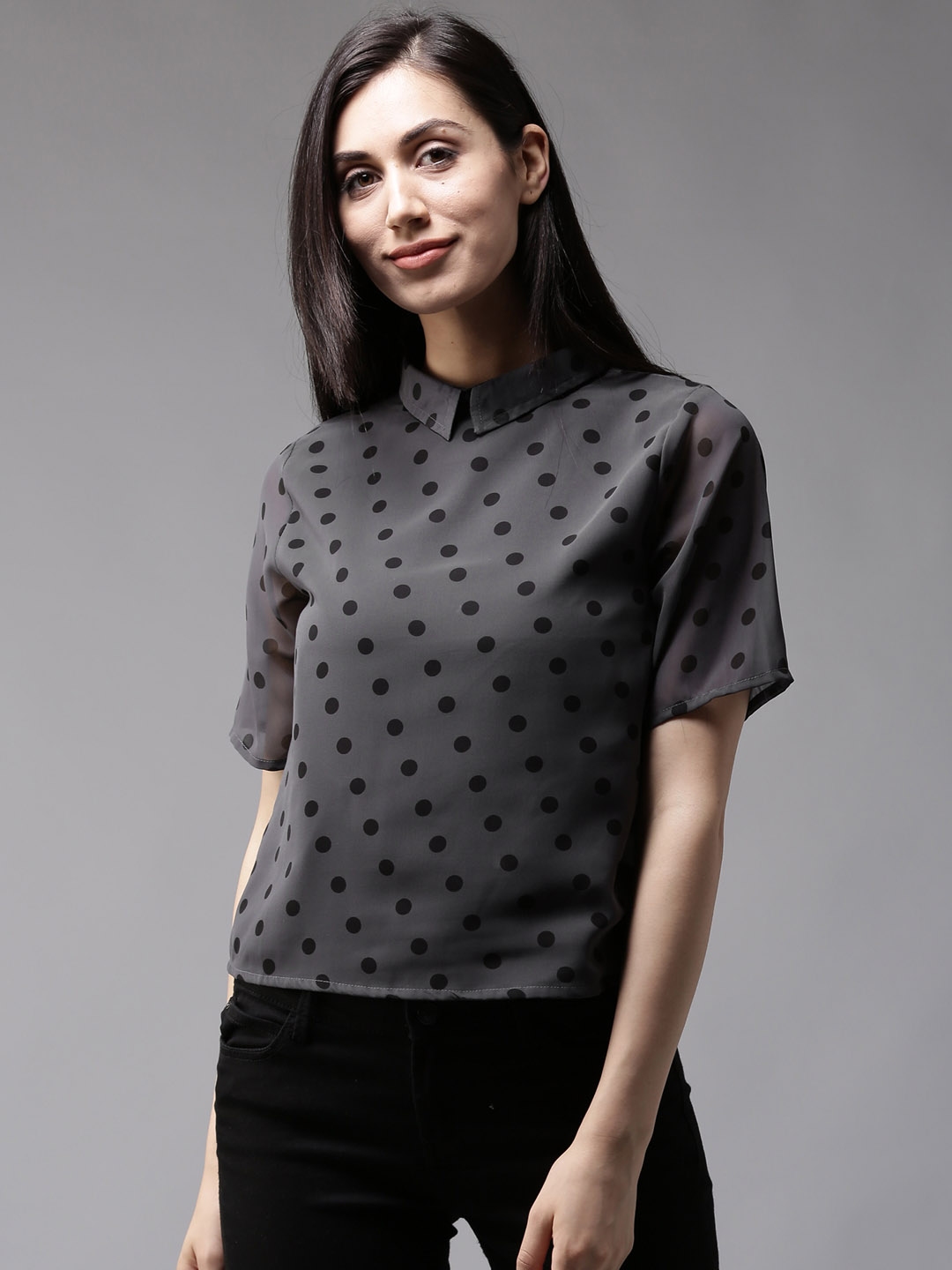 Buy HERE&NOW Women Charcoal Grey & Black Printed Styled Back Top Tops