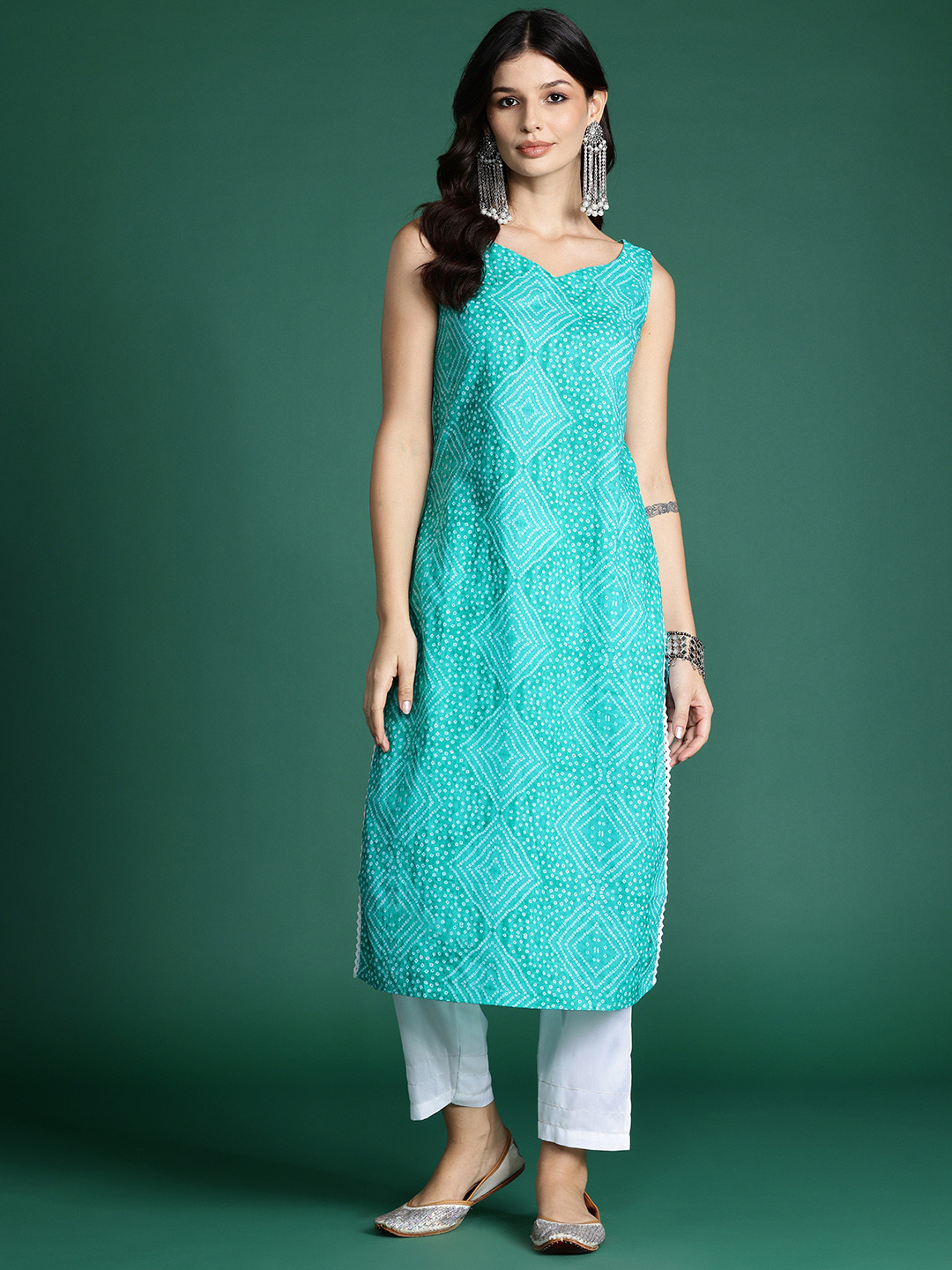 Indo Era Sea Green Printed Straight Kurtas