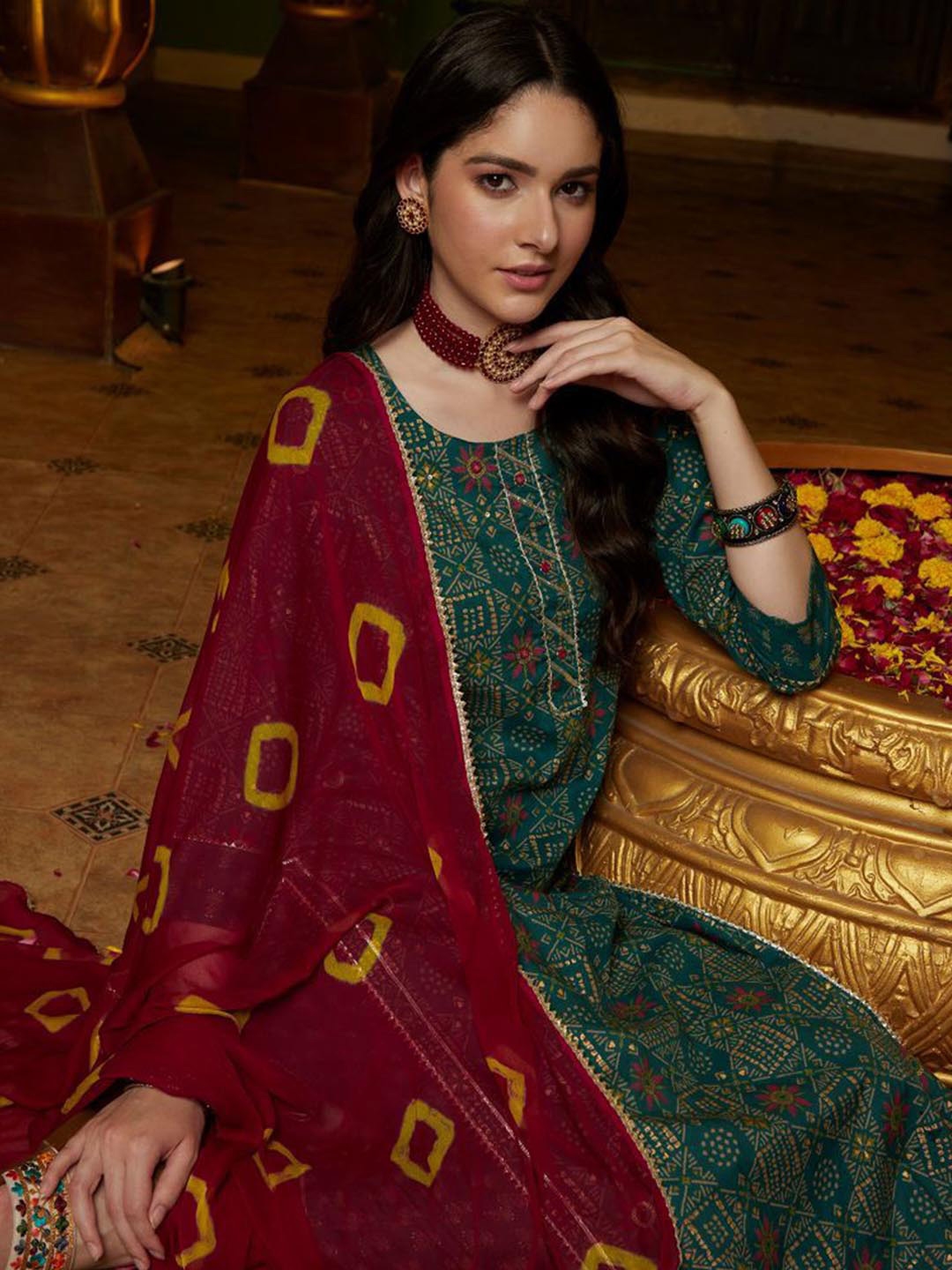Buy Sangria Floral Printed Gotta Patti Pure Cotton Straight Kurta With ...