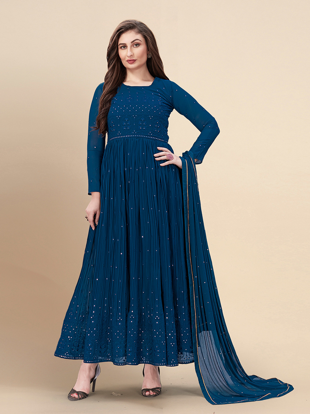 Women Burgundy Embroidered Anarkali Kurta Trousers With Dupatta Set