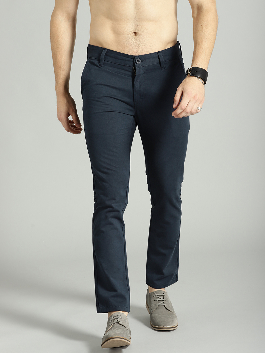 Buy Roadster Men Navy Blue Regular Fit Solid Ankle Length Trousers ...