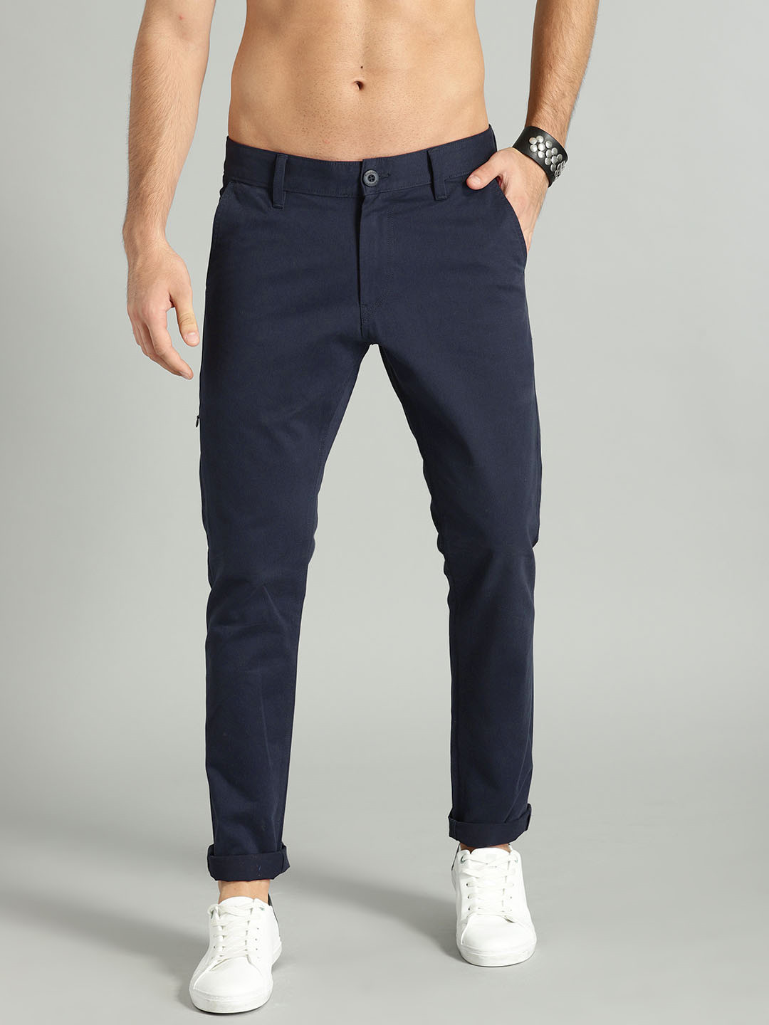 Buy Roadster Men Navy Blue Regular Fit Solid Chinos - Trousers for Men ...